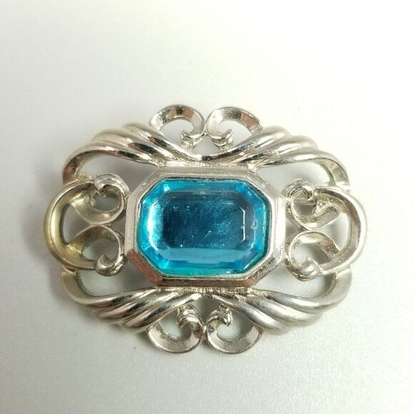 Vintage Blue and Silver Tone Swirl Design Brooch, Fancy Lapel Pin, Estate - Picture 7 of 7